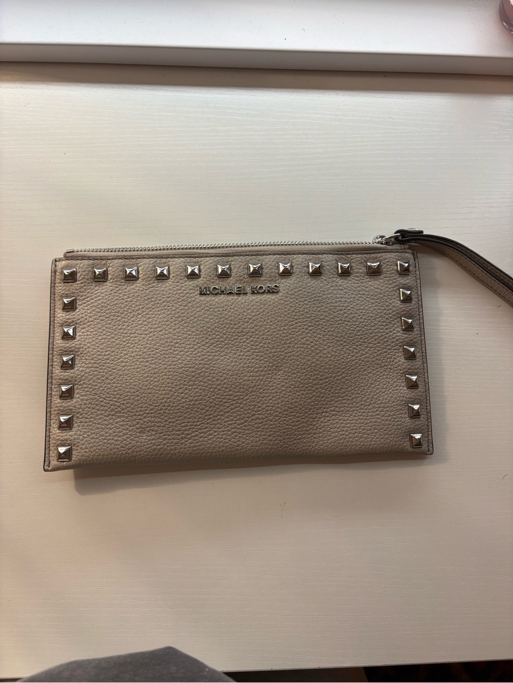 Michael Kors Taupe Studded Leather Wristlet Clutch